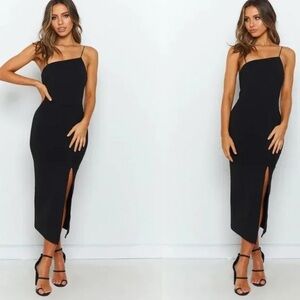 Beginning Boutique Cecilia Black Bodycon Midi Dress with Slit